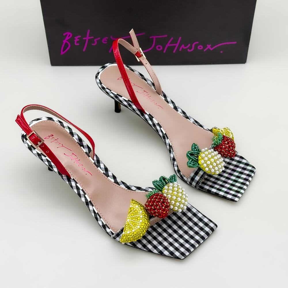 Betsey Johnson, Lindyy, gingham, fruit, beaded, slingback, heels, size 8.5M